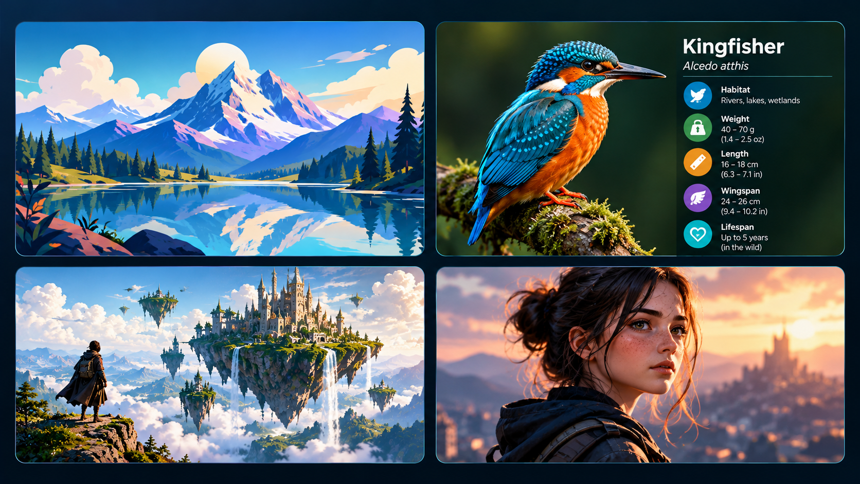 Exemples d’images générées par IA : paysage illustré, fiche infographique, scène fantastique et portrait photoréaliste